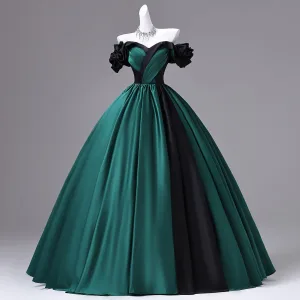 Vintage Retro Dark Green Prom Dresses 2026 Ball Gown Off The Shoulder Puffy Short Sleeve Backless Floor Length Long Formal Dresses