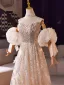 Charming Bling Bling Champagne Beading Rhinestone Appliques Prom Dresses 2025 A-Line / Princess Strapless Short Sleeve Backless Floor-Length / Long Formal Dresses
