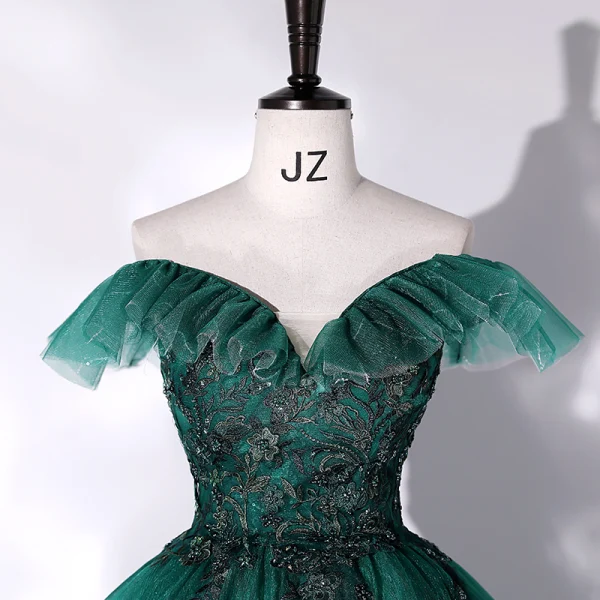 Chic / Beautiful Green Prom Dresses 2022 Ball Gown Off-The-Shoulder Sleeveless Backless Beading Lace Flower Floor-Length / Long Formal Dresses