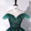 Chic / Beautiful Green Prom Dresses 2022 Ball Gown Off-The-Shoulder Sleeveless Backless Beading Lace Flower Floor-Length / Long Formal Dresses