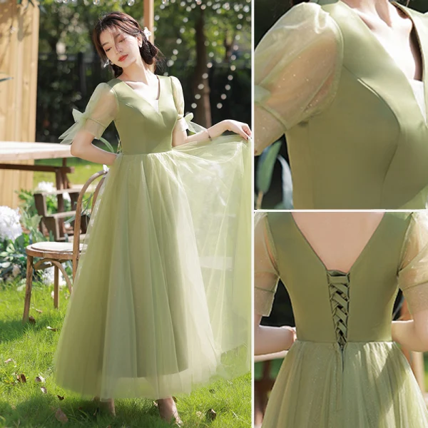 Modest Simple Sage Green Bow Bridesmaid Dresses 2022 A-Line Princess Short Sleeve Long