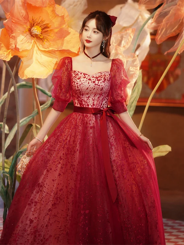 Chic / Beautiful Burgundy Prom Dresses 2022 A-Line / Princess Square Neckline Sequins Short Sleeve Backless Bow Sash Floor-Length / Long Formal
