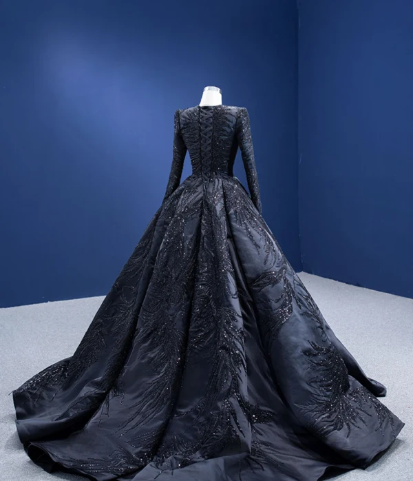 Haut de Gamme Bling Bling Noire Fait main Paillettes Robe De Bal 2024 Robe Boule Encolure Dégagée Manches Longues Train De Balayage Promo Robe De Ceremonie