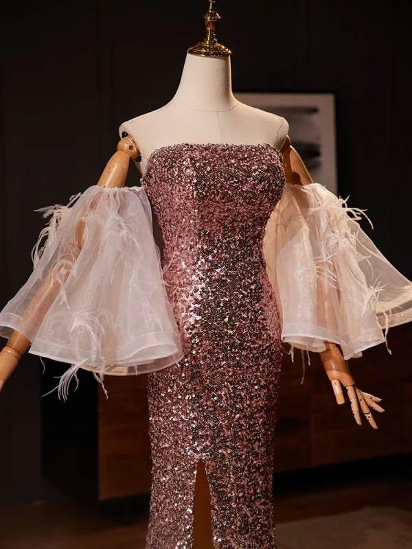 Scintillantes Sexy Champagne Paillettes Fendue devant Robe De Soirée 2024 Trompette / Sirène Bustier Sans Manches Dos Nu Longue Soirée Robe De Ceremonie