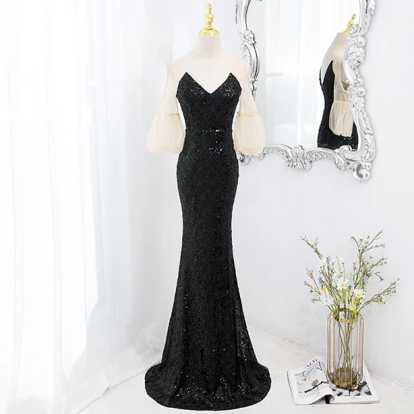 Charming Black Sequins Evening Dresses 2022 Trumpet Mermaid V-Neck Short Sleeve Backless Charming Black Sequins Evening Dresses 2022 Trumpet Mermaid V-Neck Short Sleeve Backless