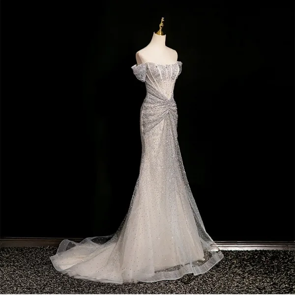 Charming Sparkly Silver Handmade Beading Sequins Evening Dresses 2025 Trumpet / Mermaid Off-The-Shoulder Short Sleeve Backless Floor-Length / Long Evening Party Formal Dresses