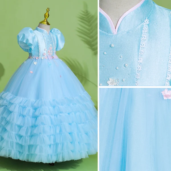 Härlig Blå Pärla Rhinestone Födelsedag Brudnäbbsklänning 2022 Balklänning Cascading Volanger Hög Hals Pösigt Korta ärm Appliqués Rosett Långa Brudnäbbsklänning