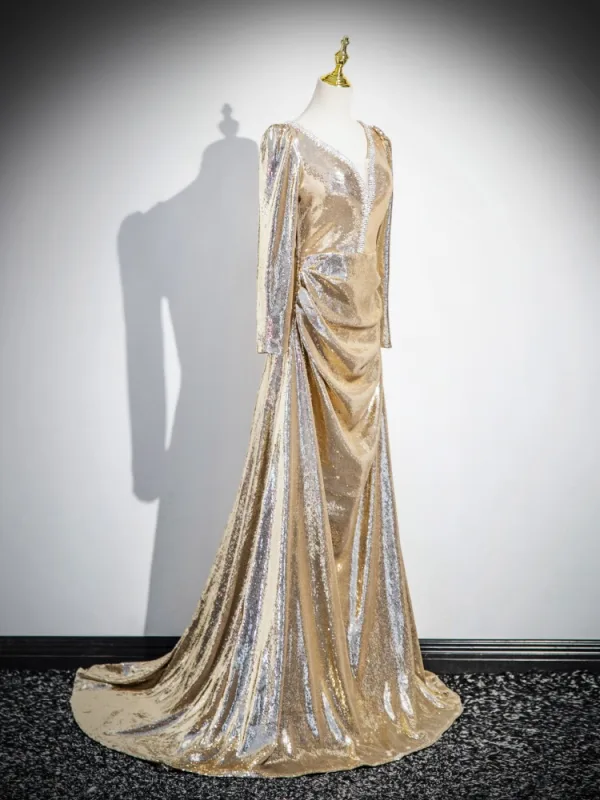 Scintillantes Doré Faux Diamant Paillettes Robe De Soirée 2025 Trompette / Sirène V-Cou Manches Longues Dos Nu Longue Soirée Robe De Ceremonie