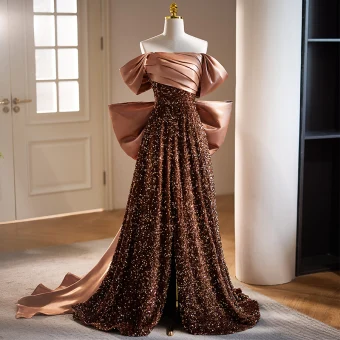Sparkly Champagne Sequins Evening Dresses A Line Princess 2023 Off The Shoulder Short Sleeve Backless Bow Sweep Train Formal Dresses