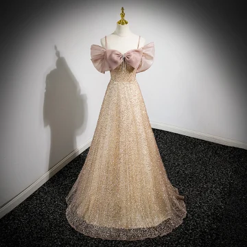 Sparkly Gold Rhinestone Sequins Evening Dresses 2023 A Line Princess Spaghetti Straps Bow Short Sleeve Backless Floor Length Long Evening Party Formal Dresses