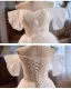 Modest / Simple White Beading Pearl Short / Mini Wedding Dresses 2024 A-Line / Princess Off-The-Shoulder Short Sleeve Backless Tulle Wedding