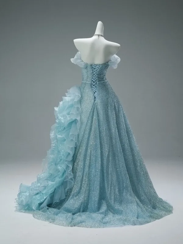 Luxus / Herrlich Bling Bling Himmelblau Handgefertigt Perlenstickerei Perle Pailletten Applikationen Sweep / Pinsel Zug Ballkleider 2025 Ballkleid Bandeau Ärmellos Rückenfreies