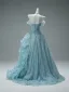 Luxus / Herrlich Bling Bling Himmelblau Handgefertigt Perlenstickerei Perle Pailletten Applikationen Sweep / Pinsel Zug Ballkleider 2025 Ballkleid Bandeau Ärmellos Rückenfreies
