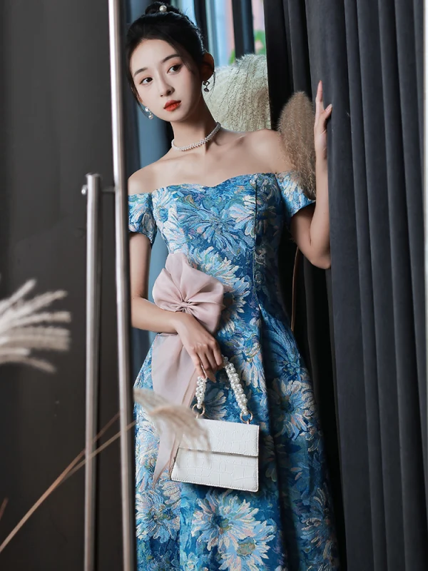 Fancy Ocean Blue Printing Prom Dresses 2022 A-Line / Princess Off-The-Shoulder Short Sleeve Backless Bow Floor-Length / Long Formal Dresses
