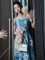 Fancy Ocean Blue Printing Prom Dresses 2022 A-Line / Princess Off-The-Shoulder Short Sleeve Backless Bow Floor-Length / Long Formal Dresses