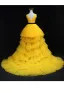 Unusual Yellow Cascading Ruffles Prom Dresses 2024 Ball Gown Scoop Neck Sleeveless Backless Bow Sash Court Train Prom Formal Dresses