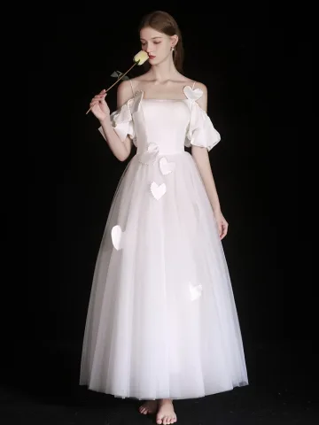 Simple Blanche Forme De Coeur Légère Plage Robe De Mariée 2025 Princesse Bretelles Spaghetti Sans Manches Dos Nu Thé Longueur