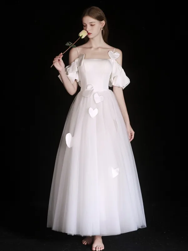 Modest / Simple White Heart-shaped Light Beach Wedding Dresses 2025 A-Line  / Princess Spaghetti Straps Sleeveless Backless Tea-length