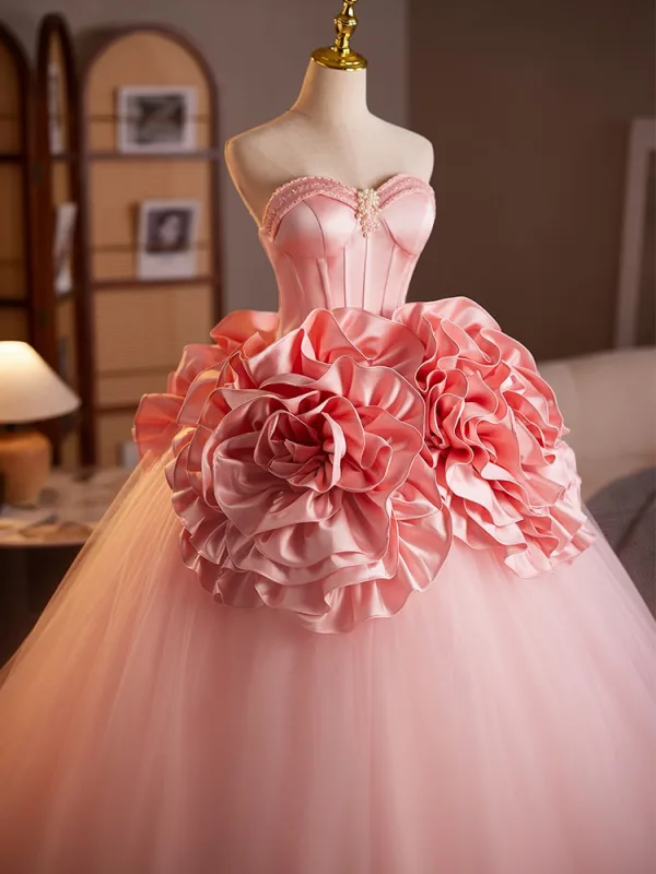 Lovely Candy Pink Beading Pearl Ruffle Flower Prom Dresses 2025 Ball Gown Strapless Sleeveless Backless Floor-Length / Long Prom Formal Dresses