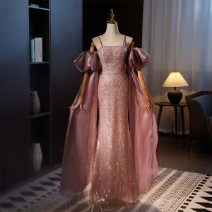 Scintillantes Lilas Paillettes Robe De Soirée 2024 Trompette Sirène Bretelles Spaghetti Gonflée Manches Courtes Dos Nu Longue Soirée Robe De Ceremonie