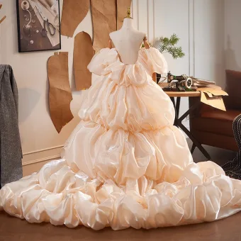 Fashion Champagne Handmade Cascading Ruffles Puffy Short Sleeve Prom Shawl 2025 Tulle