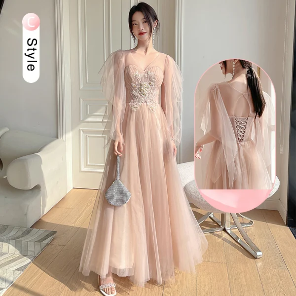 Chic / Beautiful Champagne Beading Bridesmaid Dresses 2022 A-Line / Princess Short Sleeve Backless Floor-Length / Long Bridesmaid
