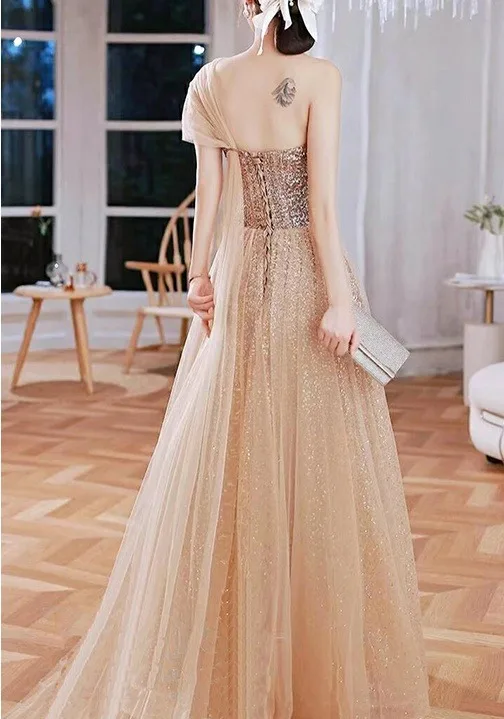 Scintillantes Champagne Paillettes Robe De Bal 2025 Princesse Une épaule Manches Courtes Dos Nu Longue Robe De Ceremonie
