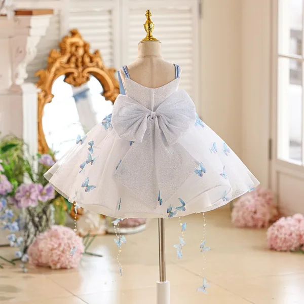 Fashion White Butterfly Appliques Birthday Short Flower Girl Dresses 2025 Ball Gown Spaghetti Straps Sleeveless Backless Bow Tulle