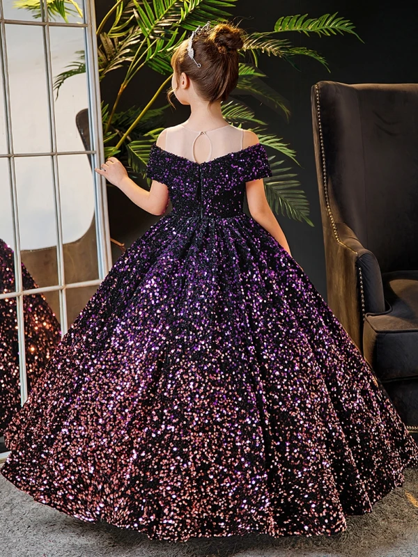 Sparkly Purple Sequins Birthday Flower Girl Dresses 2024 Ball Gown Scoop Neck Short Sleeve Backless Floor-Length / Long