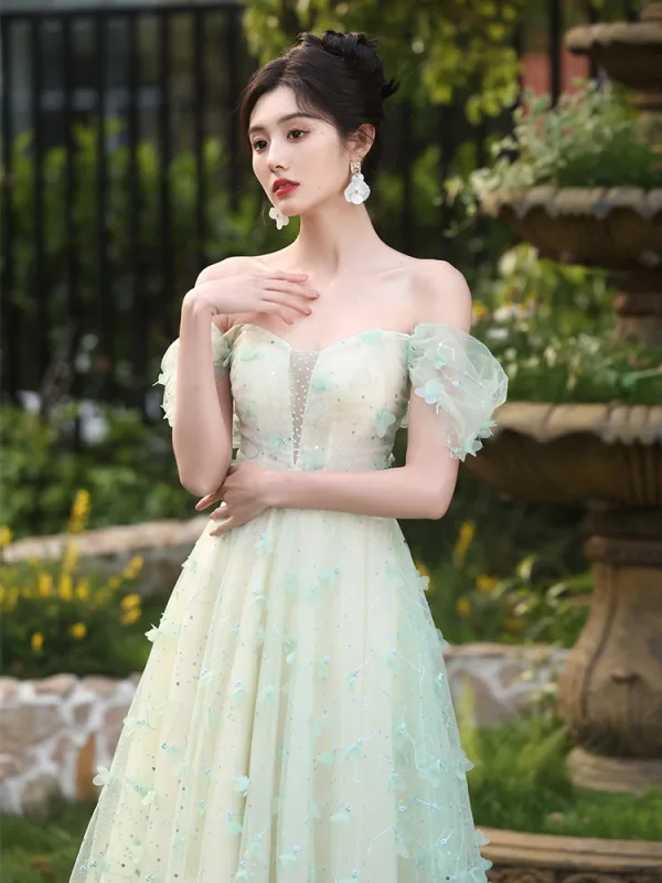 Chic / Belle Vert Cendré Appliques Robe De Bal 2024 Princesse De l'épaule Manches Courtes Dos Nu Longue Promo Robe De Ceremonie