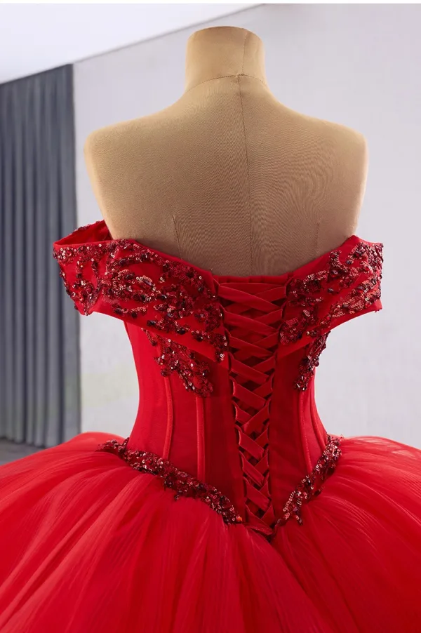 Luksusowe Czerwone Wykonany Ręcznie Frezowanie Cekiny Kaskadowe Falbany Suknie Ślubne 2025 Suknia Balowa Przy Ramieniu Kótkie Rękawy Bez Pleców Trenem Królewski Ślub