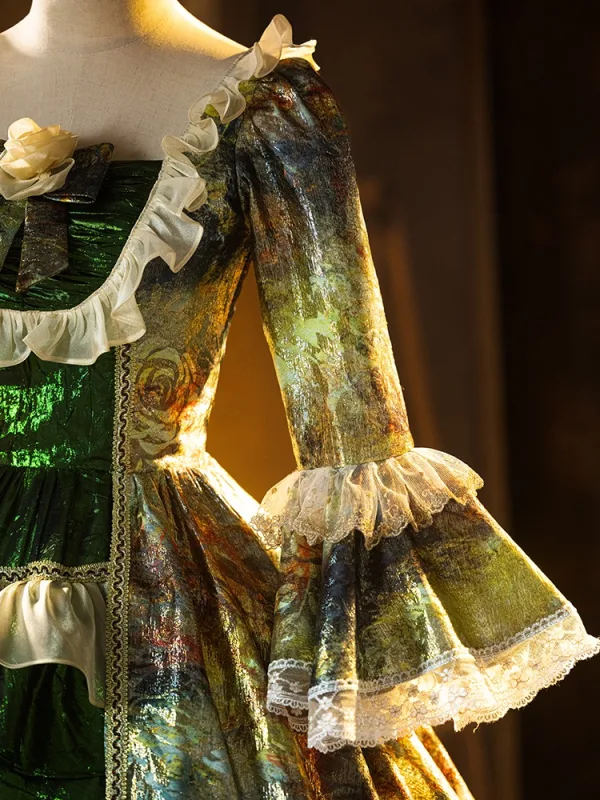 Vintage / Retro Medieval Green Glitter Bow Cosplay Lolita Prom Dresses 2024 Ball Gown Square Neckline Bell sleeves Backless Floor-Length / Long Formal Dresses
