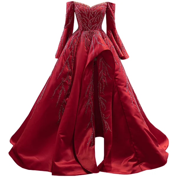 High End Burgunderrot Handgefertigt Perlenstickerei Pailletten Ballkleider 2022 Satin Ballkleid Off Shoulder Lange Ärmel Rückenfreies Sweep / Pinsel Zug Ball Festliche Kleider