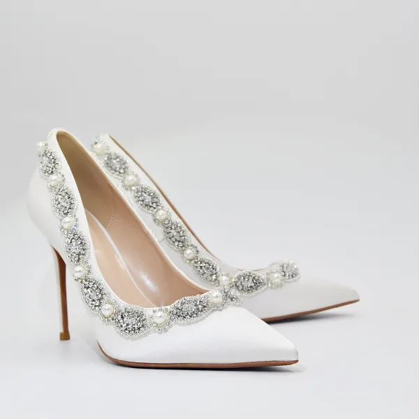 Elegante Weiß Perle Strass Brautschuhe 2022 Satin 10 cm Stilettos Spitzschuh Hochzeit Pumps Hochhackige