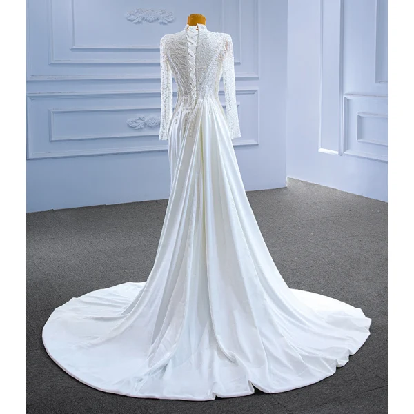 High-end Ivory Satin Wedding Dresses 2022 Trumpet / Mermaid High Neck Beading Pearl Sequins Long Sleeve Floor-Length / Long Wedding