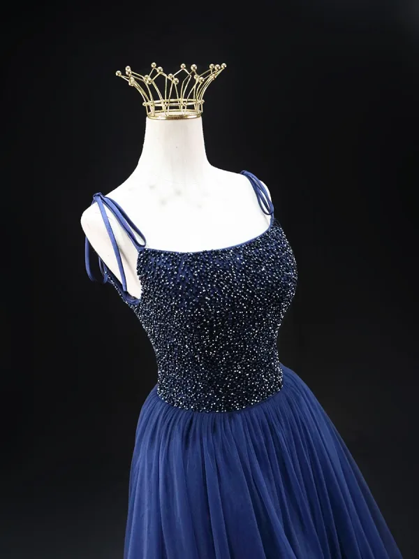 Vintage / Originale Bleu Marine Paillettes Robe De Bal 2024 Princesse Bretelles Spaghetti Sans Manches Dos Nu Longue Promo Robe De Ceremonie