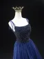 Vintage / Originale Bleu Marine Paillettes Robe De Bal 2024 Princesse Bretelles Spaghetti Sans Manches Dos Nu Longue Promo Robe De Ceremonie