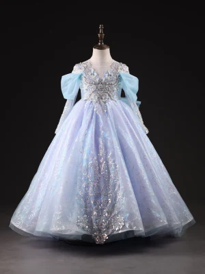 Haut De Gamme Bleu Ciel Paillettes Perlage Perle Anniversaire Robe Ceremonie Fille 2023 Robe Boule Encolure Dégagée Manches Courtes Dos Nu Noeud Longue