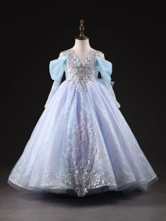 Haut De Gamme Bleu Ciel Paillettes Perlage Perle Anniversaire Robe Ceremonie Fille 2023 Robe Boule Encolure Dégagée Manches Courtes Dos Nu Noeud Longue