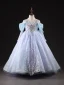 High-end Sky Blue Sequins Beading Pearl Birthday Flower Girl Dresses 2023 Ball Gown Scoop Neck Short Sleeve Backless Bow Floor-Length / Long