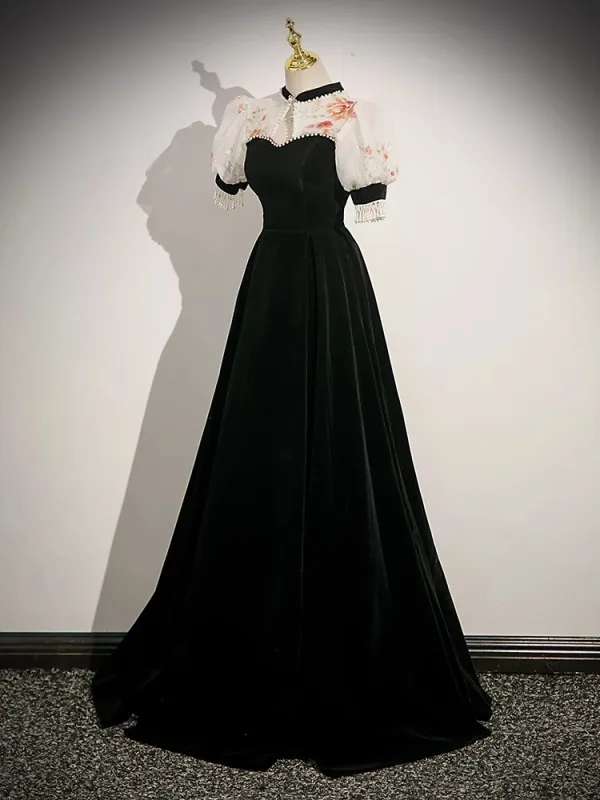 Chinese style Black Pearl Flower Velvet Prom Dresses Cheongsam 2023 A-Line / Princess High Neck Short Sleeve Backless Floor-Length / Long Prom Formal Dresses