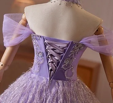 Enchantant Lavande Perlage Paillettes Gland Courte Robe De Soirée 2026 Robe Boule De l'épaule Manches Courtes Dos Nu Tulle Robe De Ceremonie