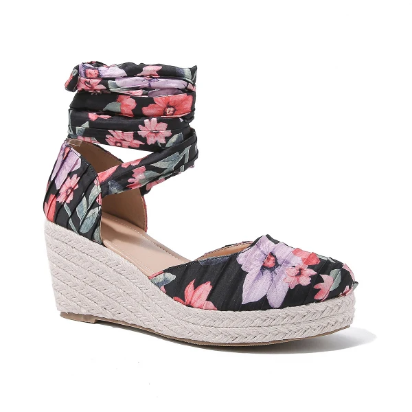 Chic / Beautiful Black Street Wear Multi-Colors Printing Womens Sandals 2023 7 cm Wedges Round Toe Sandals