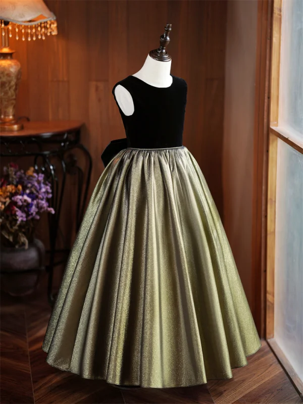 Chic / Beautiful Black Gold Birthday Flower Girl Dresses 2024 Ball Gown Scoop Neck Sleeveless Bow Floor-Length / Long