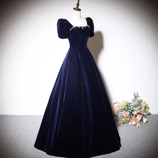 Élégant Bleu Marine Daim Robe De Bal 2023 Princesse Encolure Carrée Faux Diamant Manches Courtes Dos Nu Noeud Longue Promo Robe De Ceremonie