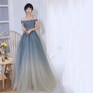 Charming Sky Blue Gradient Color Beading Prom Dresses 2022 A Line Princess Off The Shoulder Rhinestone Sequins Sleeveless Backless Floor Length Long Prom Formal Dresses