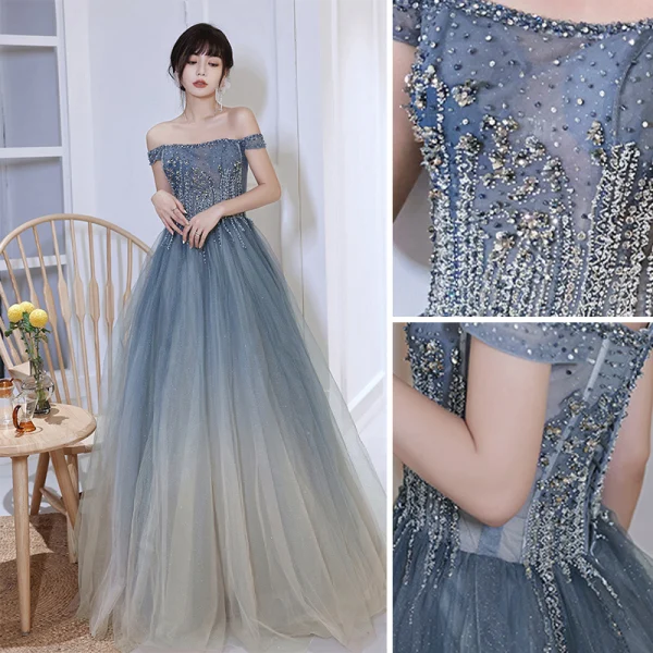 Charmant Himmelblau Farbverlauf Perlenstickerei Ballkleider 2022 A Linie Off Shoulder Strass Pailletten Ärmellos Rückenfreies Lange Ball Festliche Kleider