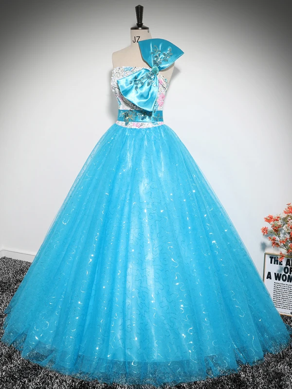 Bling Bling Azul Lentejuelas Vestidos de gala 2024 Ball Gown Sin Tirantes Sin Mangas Sin Espalda Bowknot Largos Gala Vestidos Formales