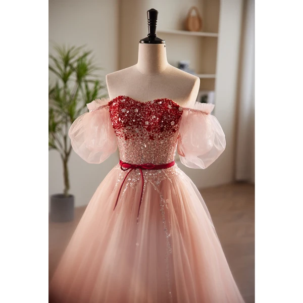 Fashion Blushing Pink Beading Sequins Prom Dresses 2023 A-Line / Princess Off-The-Shoulder Bow Sash Short Sleeve Backless Floor-Length / Long Prom Formal Dresses