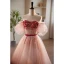 Fashion Blushing Pink Beading Sequins Prom Dresses 2023 A-Line / Princess Off-The-Shoulder Bow Sash Short Sleeve Backless Floor-Length / Long Prom Formal Dresses